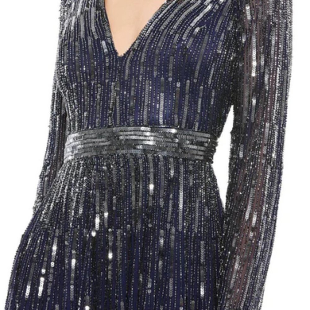 Women's Sequined V-Neck Illusion Sleeve A-Line Gown
